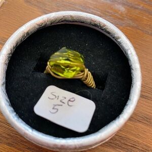 Gold Wire Wrapped Ring with Green Crystal - Women Jewelry size 5
